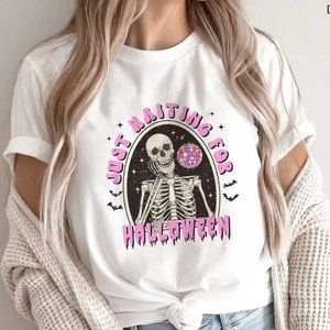 Skeleton Halloween Shirt, Just Waiting For Halloween Disco Skeleton T-Shirt